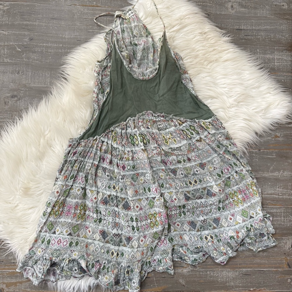 Anthropologie Carolina K Boho Halter Mini Dress Green Print Ruffle Hem XS